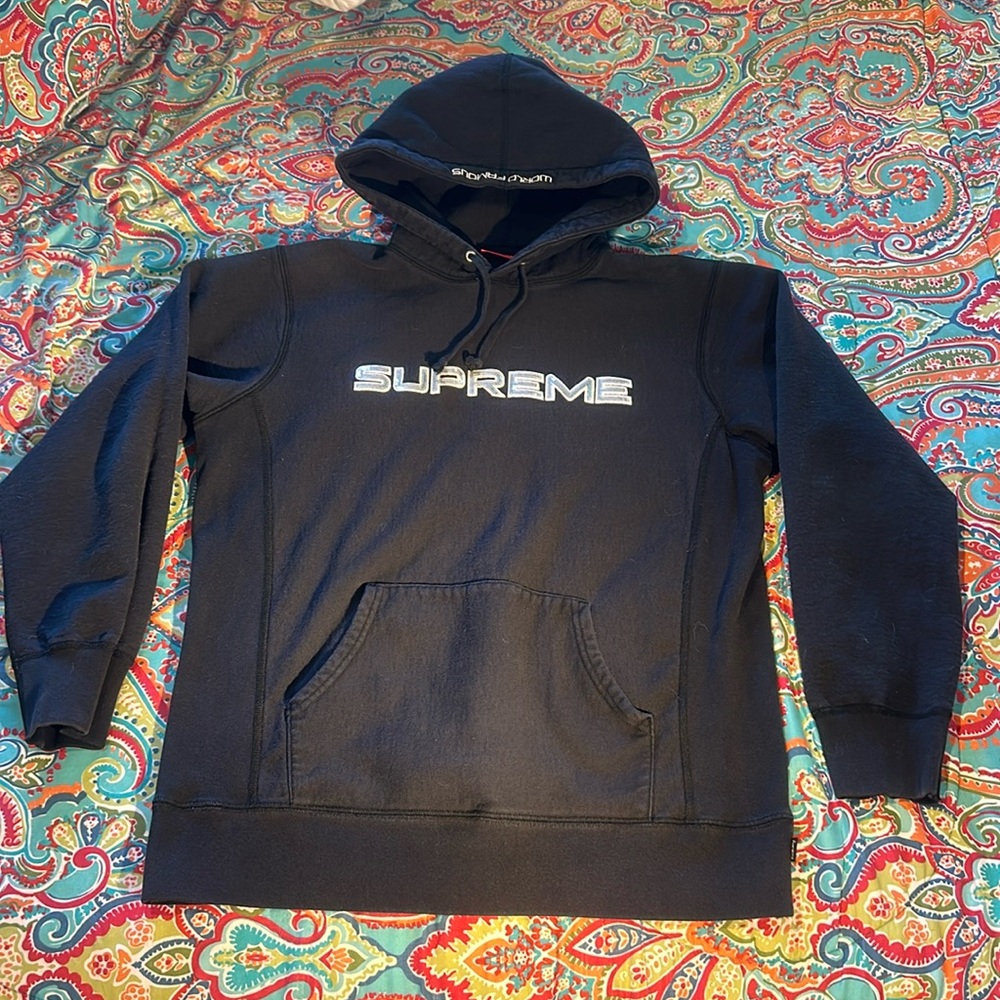 SUPREME World Famous Silver Sequin Logo Hoodie - Picture 1 of 10